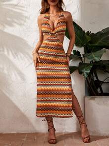 SHEIN VCAY Beach Women Outfits Backless Halter Geometric Crochet Dress - Multicolor - View 3