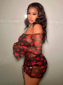 Slaydiva 1 Miếng Off-shoulder Chi tiết xếp nếp Hình trái tim Lưới Đầm - Đỏ - Xem 4