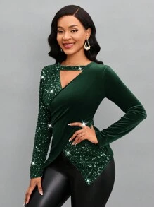 SHEIN Lady 女士閃亮拼接領口露肩交叉綁帶t恤 - 墨綠色 - 查看 7