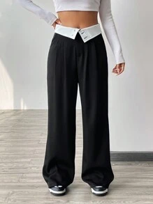 SHEIN EZwear 撞色收腰长裤 - 黑色 - 查看 1