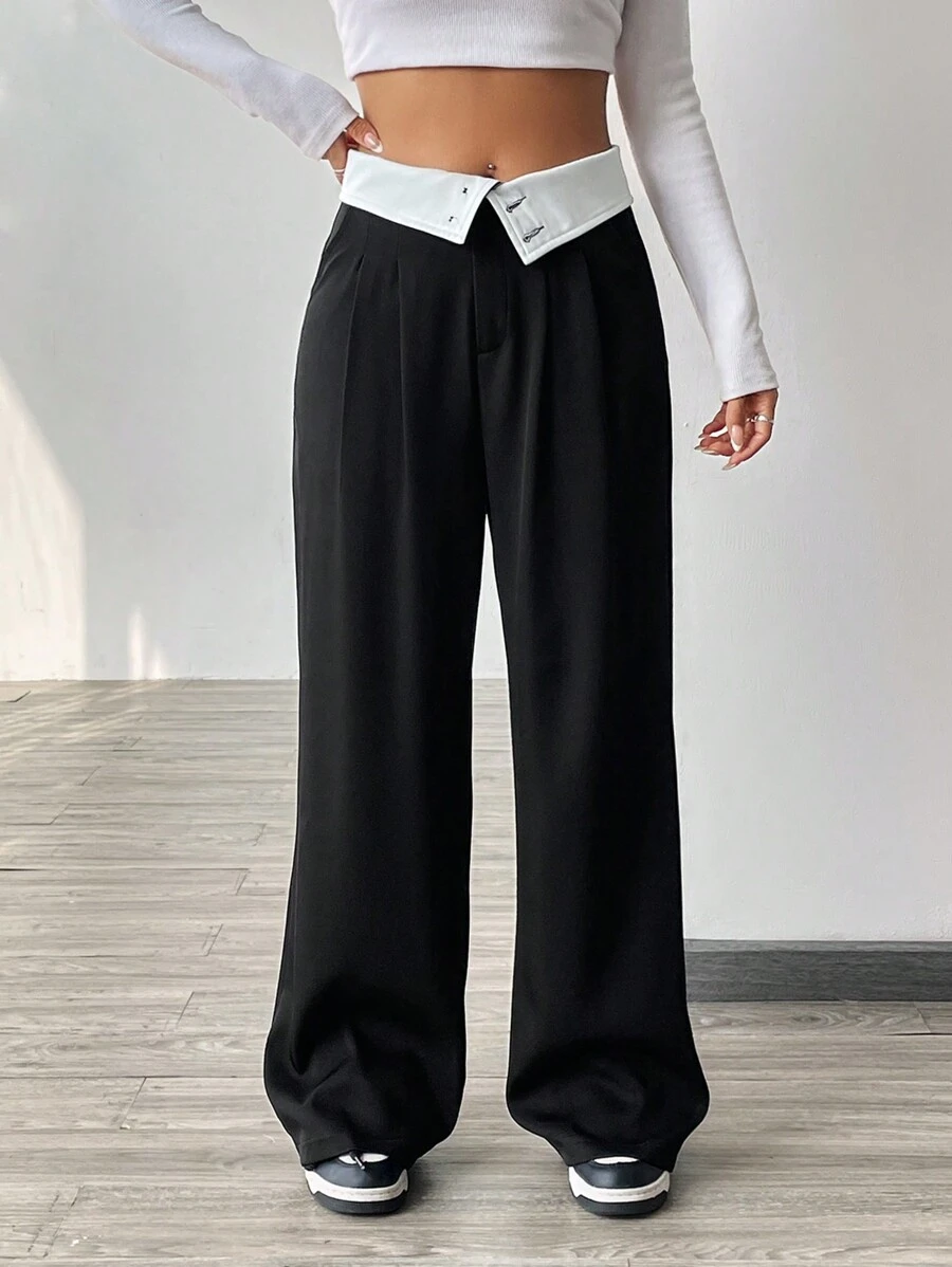 SHEIN EZwear 撞色收腰长裤 - 黑色 - 查看 1