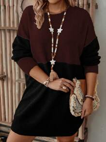SHEIN LUNE Plus Size Round Neck Color Block Knitted Sweater Dress