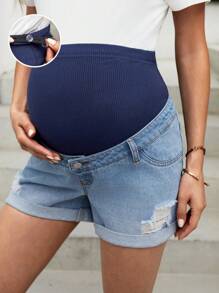 SHEIN Maternity Adjustable Waist Distressed Elastic Denim Shorts - Blue - View 1