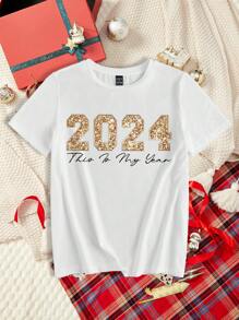 SHEIN LUNE 2024 新年春节字母数字印花圆领短袖女T恤 - 白色 - 查看 4