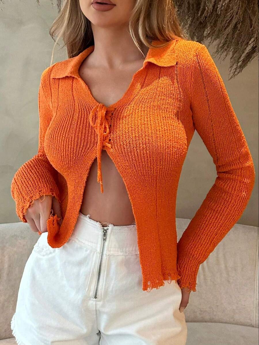 SHEIN SXY Women'S Solid Color Cross Tie Distressed Trim Sweater - Orange - View 1