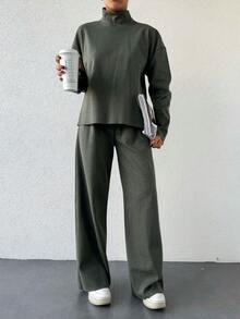 女士純色肋紋針織毛衣兩件套裝 - 軍綠色 - 查看 4