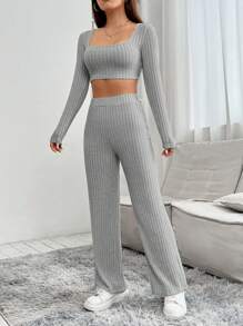 SHEIN PETITE Ladies' Square Neck Long Sleeve Ribbed Top And Pants Set - Grey - View 3