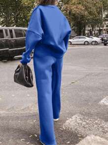 SHEIN EZwear 女士字母印花超大長袖運動衫和運動褲套裝 - 藍色 - 查看 2