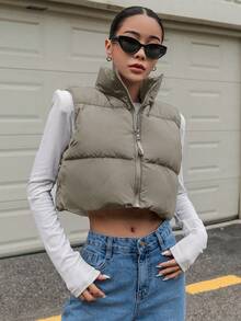 DAZY Stand Collar Zipper Front Short Vest Padded Coat - Army Green - View 4