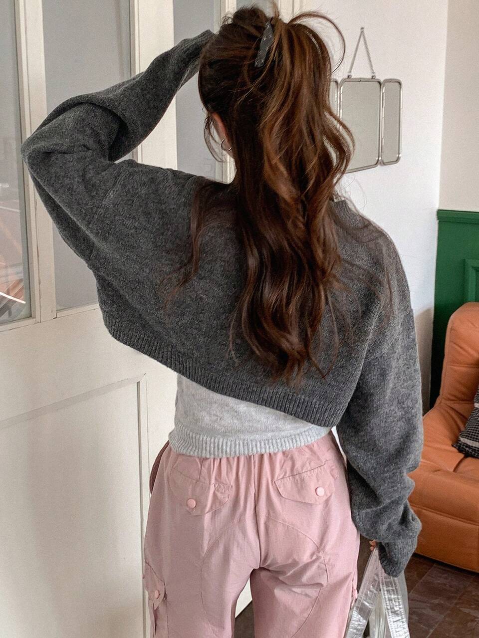 2pcs/Set Super Short Sweater And Slogan Pattern Knitted Tank Top Lounge Sets For Women