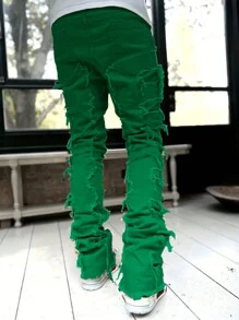 Tween Boys' Casual Solid Color Fleece Patchwork Denim Jeans - Green - View 2