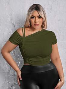SHEIN SXY Kích thước lớn Bất đối xứng Đường viền cổ áo Áo thun Với Chi tiết xếp nếp - xanh quân đội - Xem 1
