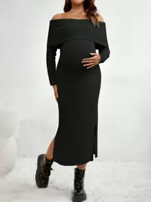 SHEIN Off Shoulder Slit Side Maternity Dress - Black - View 5