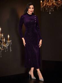 Modelyn 1 件立領紐帶裝飾長袖連身裙 - 紫色 - 查看 1