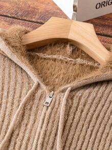 SHEIN LUNE Plus Size Warm Lined Zip Front Hooded Cardigan - Camel - View 4