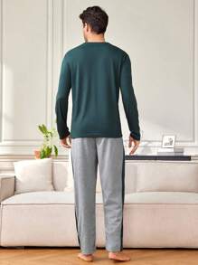 Provexi Provexi Men's Color Block Top & Pants Lounge Wear Set - Olive Green - View 2