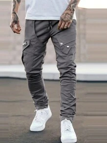 Manfinity Roughcore Men's Drawstring Waist Cargo Pants, Fall - Dark Grey - View 4