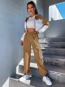 SHEIN Unity 2 Piezas/set Chaqueta Con Capucha Y Pantalón De Carga Con Patrón De Letras Y Cremallera - Marrón - Ver 3