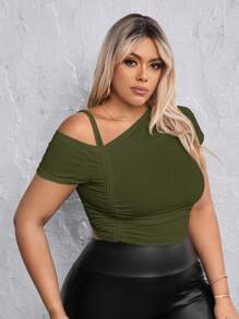 SHEIN SXY Kích thước lớn Bất đối xứng Đường viền cổ áo Áo thun Với Chi tiết xếp nếp - xanh quân đội - Xem 3