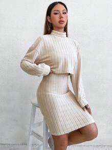 Flirla High Neck Drop Shoulder Sleeve T-Shirt And Slip Dress 2pcs Set - Apricot - View 5