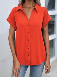 EMERY ROSE 純色短袖襯衫 - 亮橙色 - 查看 6