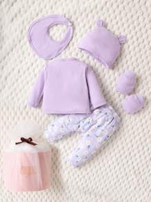 SHEIN Conjunto De Regalo Para Bebés Recién Nacidos De 6 Piezas Para Niñas Y Niños, Uso Diario En Primavera Y Otoño - Morado - Ver 2
