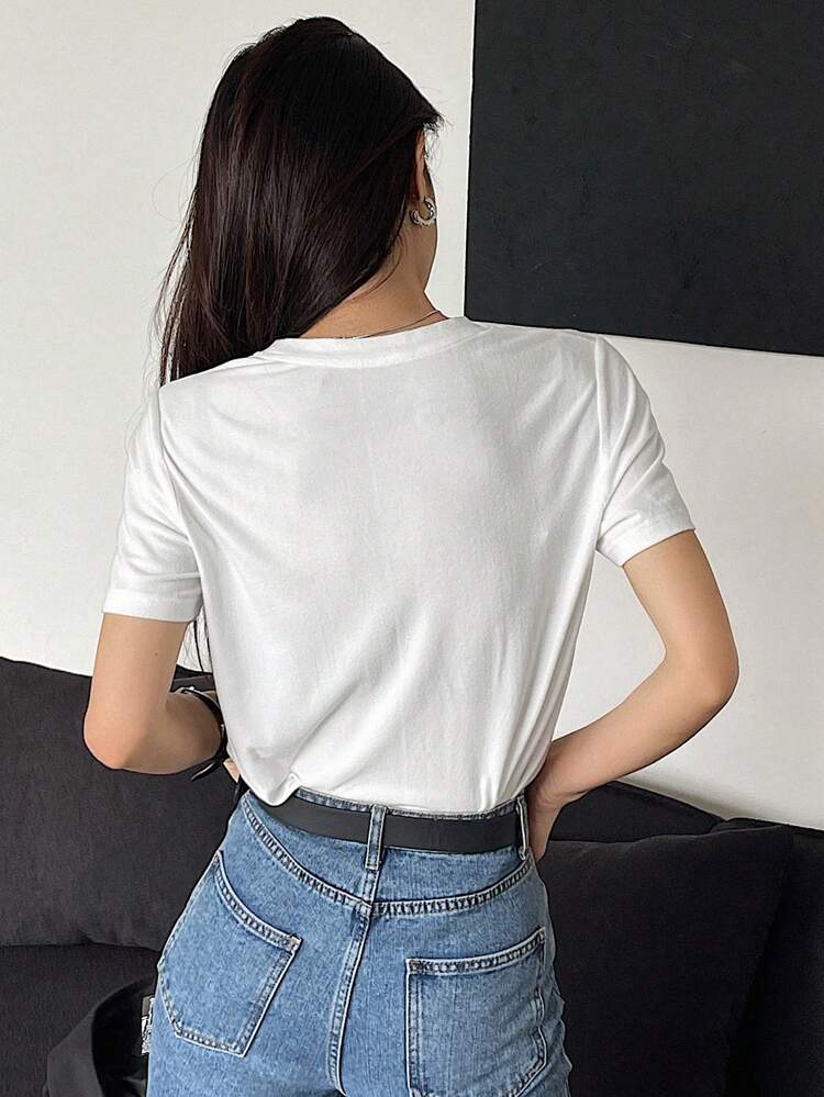 Basic Round Neck Solid Color Short Sleeve T-Shirt For Women