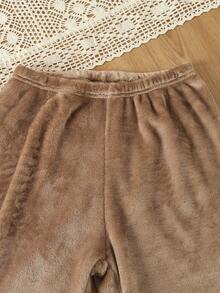 青少女刺繡拼色上衣和純色褲子睡衣套裝 - 棕色 - 查看 3