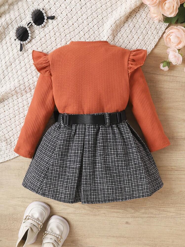 Baby Girls' Ruffle Trimmed Long Sleeve T-Shirt, Plaid Skirt, And Waist Bag Outfit Set