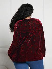 SHEIN CURVE+ 大尺碼提花編織燈籠袖 T 卹 - 酒紅色 - 查看 2