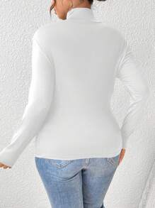 SHEIN CURVE+ Camiseta de punto de cuello alto ajustada de talla grande de color liso acanalado