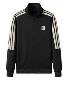 男士休闲舒适宽松撞色拼接运动衫和裤子套装，秋季服装 - 黑色 - 查看 5