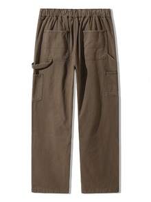 男士彈性腰抽繩純色長褲 - 咖啡棕 - 查看 2