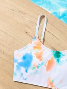 Conjunto de bikini con estampado de teñido anudado aleatorio para niñas preadolescentes, playa de verano - Multicolor - Ver 5