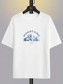Men's Drop Shoulder Short-Sleeve T-Shirt With Mountains And Letter Print - White - View 3