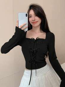 DAZY 女式抽绳腰长袖T恤，秋季服装 - 黑色 - 查看 3