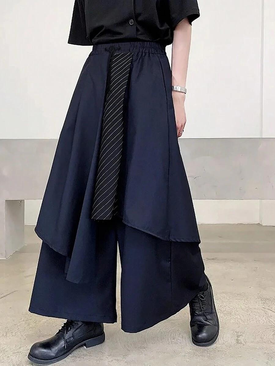 Claim Dot Loose Men's High Waisted Wide Leg Pants With Drawstring Waist And Flared Hem - Navy Blue - View 1
