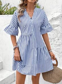 SHEIN VCAY Women's Summer Patchwork Vertical Stripe Dress - Blue - View 6