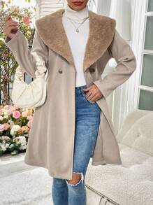 SHEIN Frenchy 女式毛絨翻領長袖羊毛夾克 - 灰色 - 查看 1