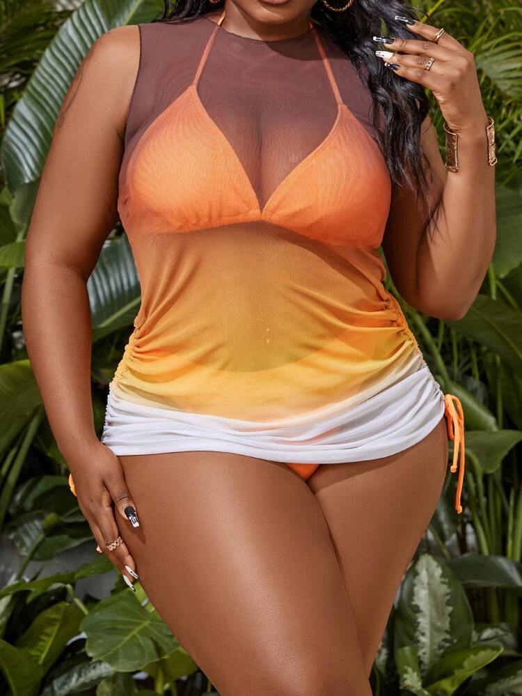 Plus Size Women's Gradient Color Halter Strap 3-Piece Tankini Carnival Summer