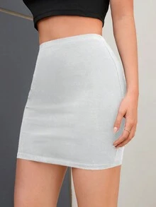 Cottnline High Waist Solid Color Skirt - White - View 3