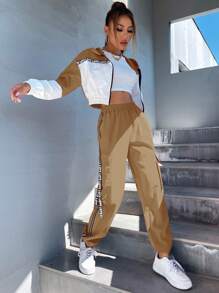 SHEIN Unity 2 Piezas/set Chaqueta Con Capucha Y Pantalón De Carga Con Patrón De Letras Y Cremallera - Marrón - Ver 1