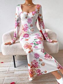 SHEIN Privé Women'S Floral Print Long Sleeve Bodycon Dress - White - View 5