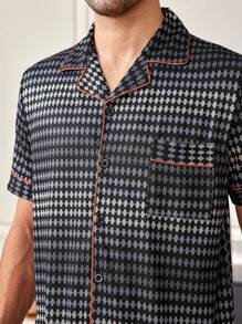 Conjunto De Ropa De Hogar Para Hombres Con Manga Corta Impresa - Negro - Ver 6