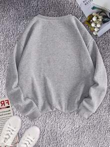 SHEIN EZwear 1 Miếng Lá thư & Hoạt hình In Lỏng lẻo phù hợp Vòng cổ Áo nỉ - Xám - Xem 2