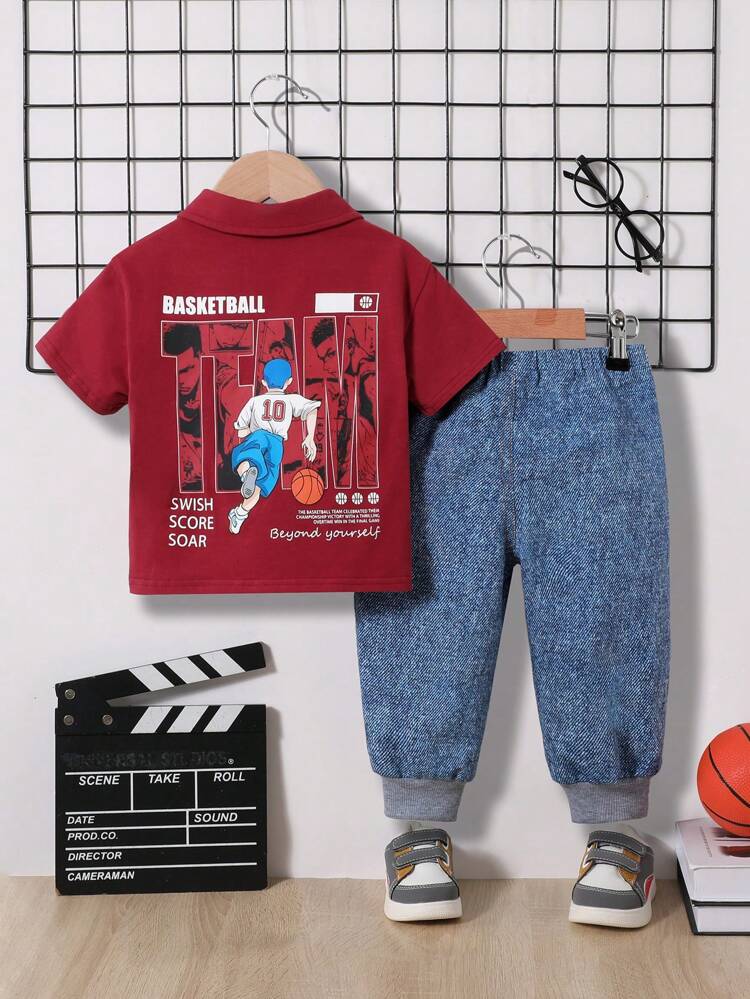 Baby Boy Unisex Baby Casual Polo Shirt Short Sleeve & Elastic Waist Jeans Style Long Pants Set