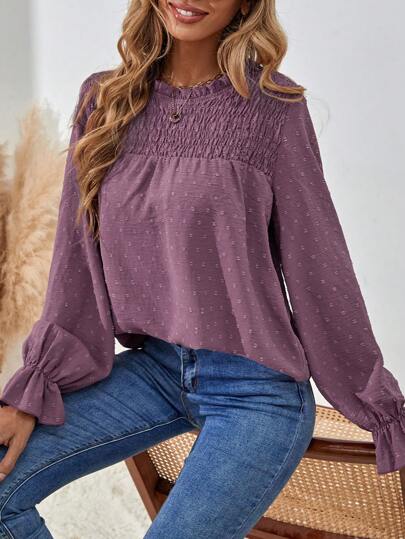 EMERY ROSE Camisa de manga larga con estampado de lunares, Blusas de manga larga