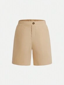 男童寬鬆披肩領短袖梭織西裝外套與短褲套裝 - 卡其色 - 查看 9