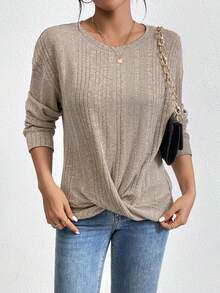 SHEIN Essnce 女裝十字交叉搭配下擺下垂t恤 - 杏色 - 查看 3