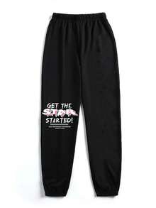 SHEIN EZwear 標語印花彈性運動長褲 - 黑色 - 查看 1